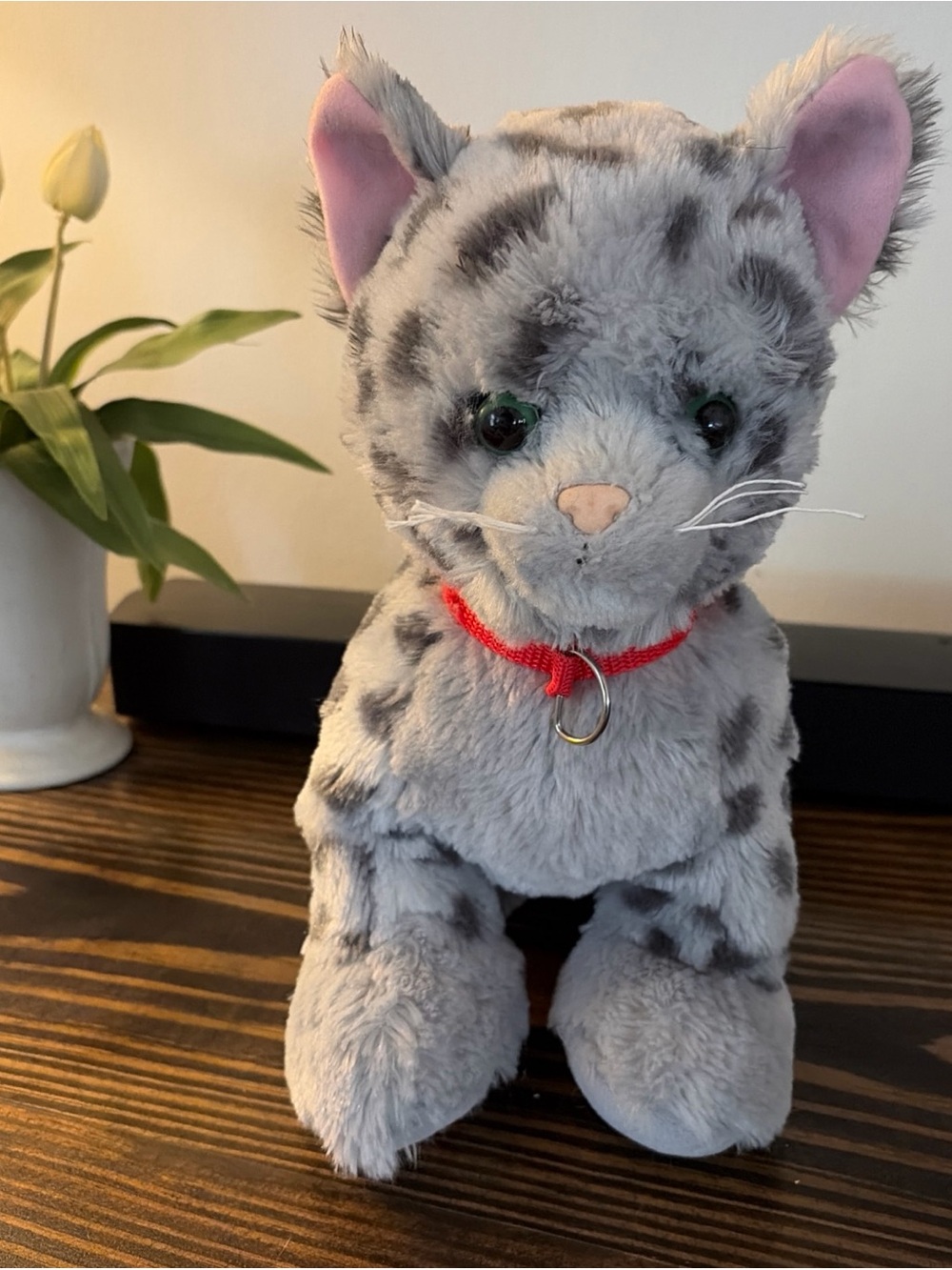 Build-A-Bear Gray Spotted Cat Plush with Red Collar